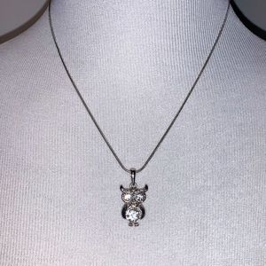 Silver Tone Crystal Owl Necklace | 18” Chain